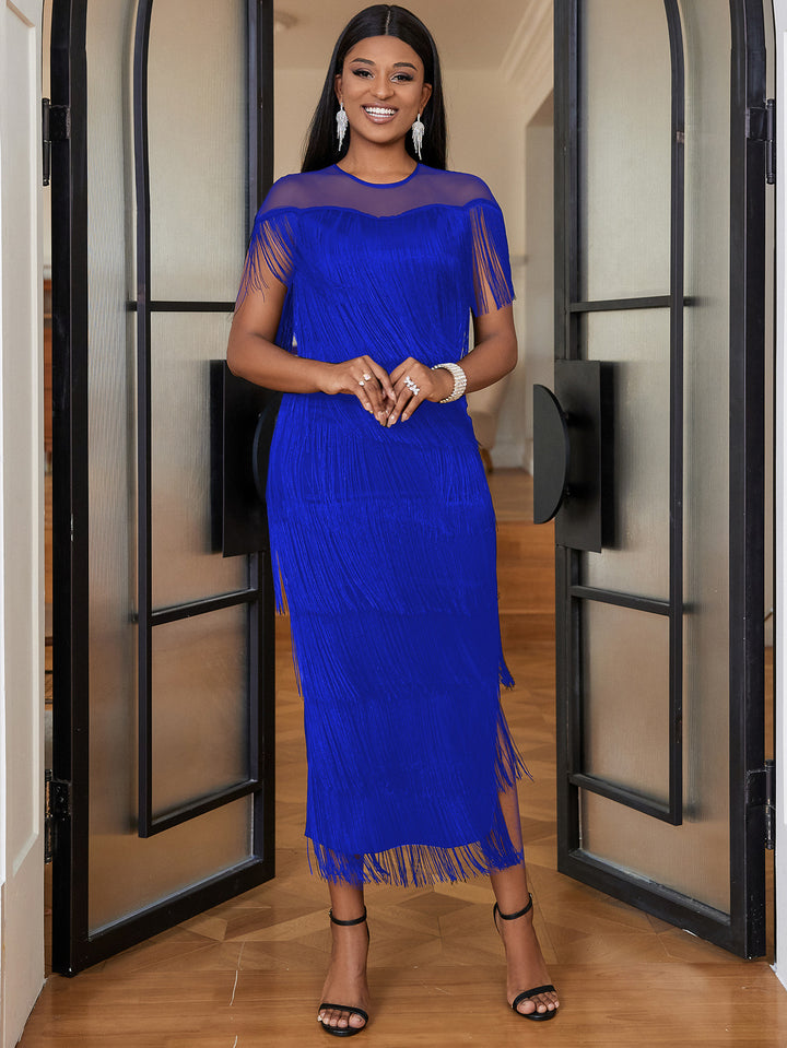 Damen Fransen Maxikleid mit halber Transparenz Drune
