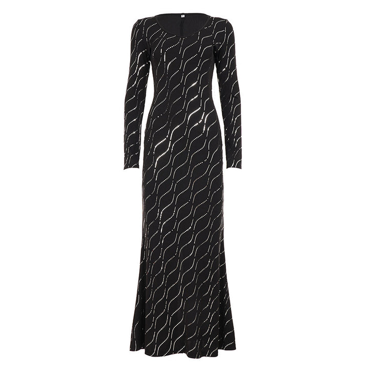 Damen Figurbetontes Maxikleid mit langen Ärmeln und wellenförmiger Paillettenverzierung Drune
