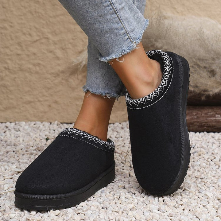 Damen Gefütterte Velours‑Slipper mit gestricktem Schaftbund und profilierter Plateausohle Drune