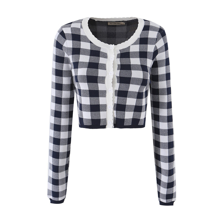 Damen Kurze karierte Feinstrick-Cardigan mit Wellenkante und Perlmuttknöpfen Drune
