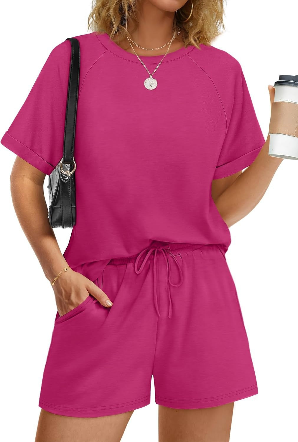 Damen lässiger Kombi aus T-Shirt und Shorts mit elastischem Bund Drune