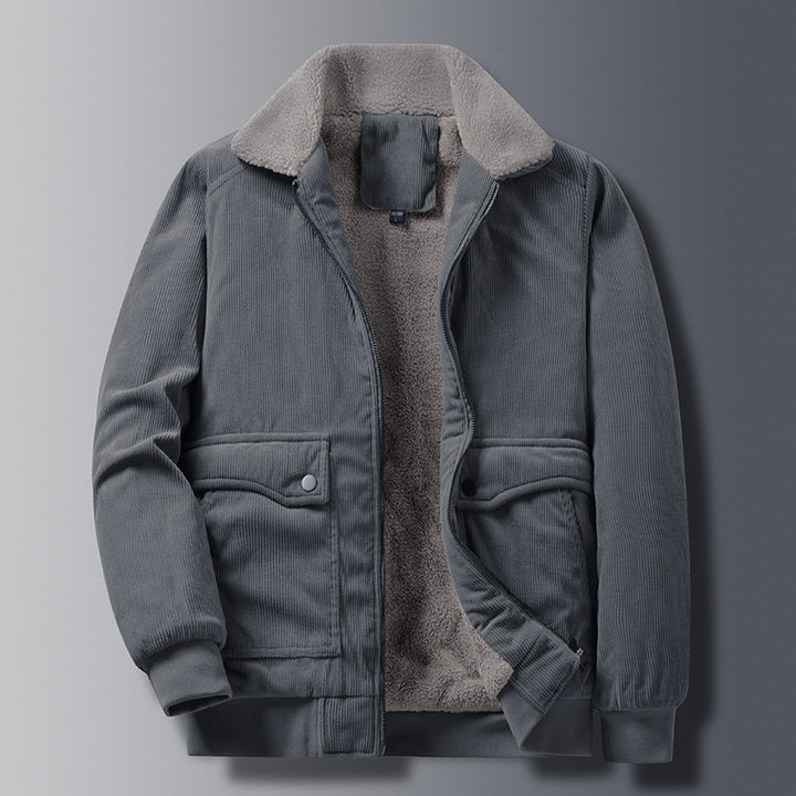 Herren Cordjacke im Worker‑Stil mit Sherpa‑Futter, Reißverschluss und gerippten Bündchen Drune