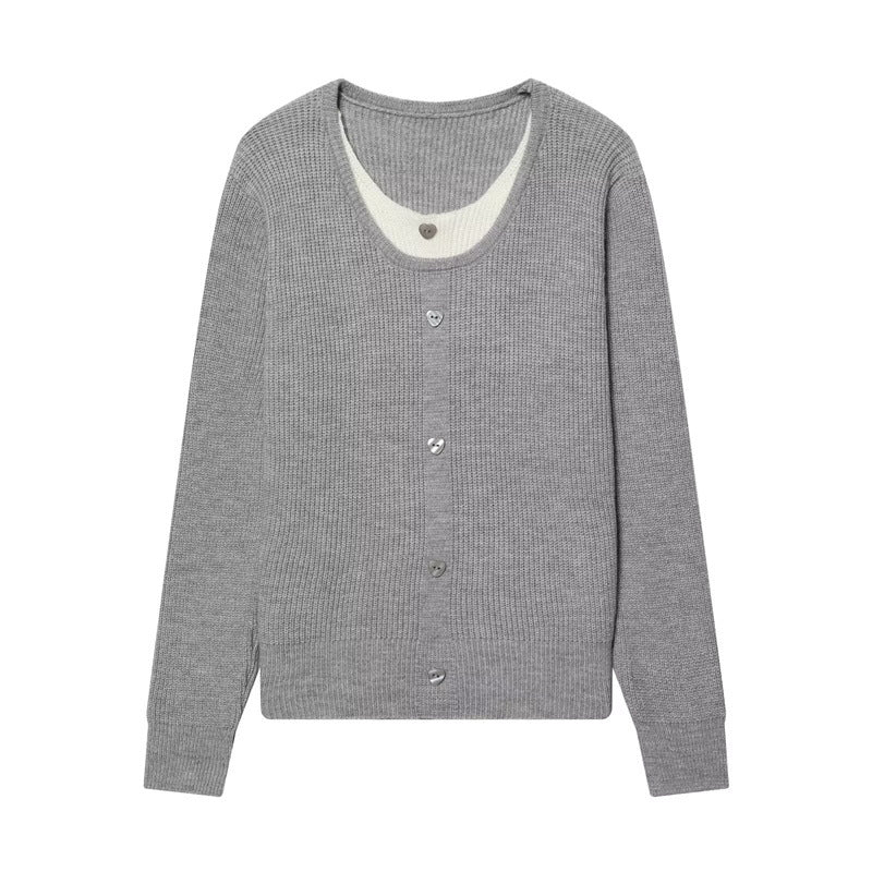 Damen zweilagiger Feinstrick-Cardigan mit integriertem Untertop und Herzknöpfen Drune