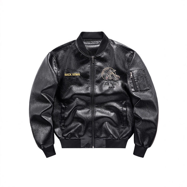 Herren Biker Lederimitat Bomberjacke mit Stickpatches und Ärmeltasche Drune