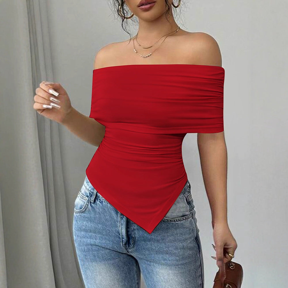 Damen Off-Shoulder Blusenshirt mit asymmetrischem Saum und Raffung Drune