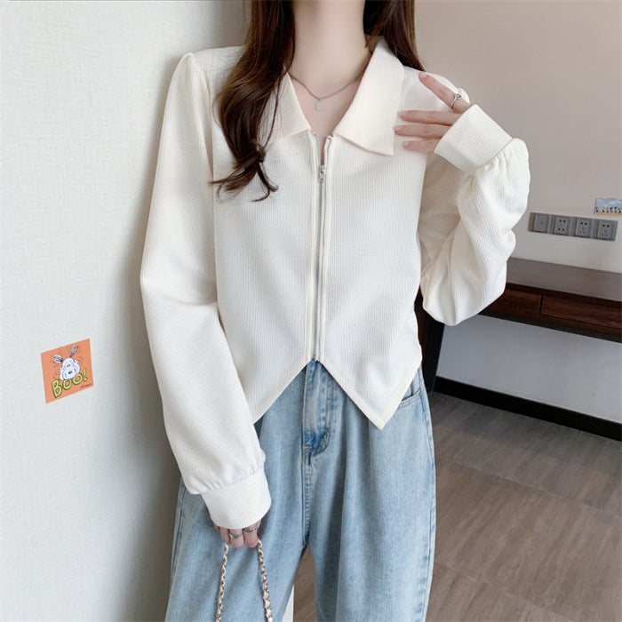 Damen modische cropped Jacke mit Reißverschluss und elegantem Kragen Drune