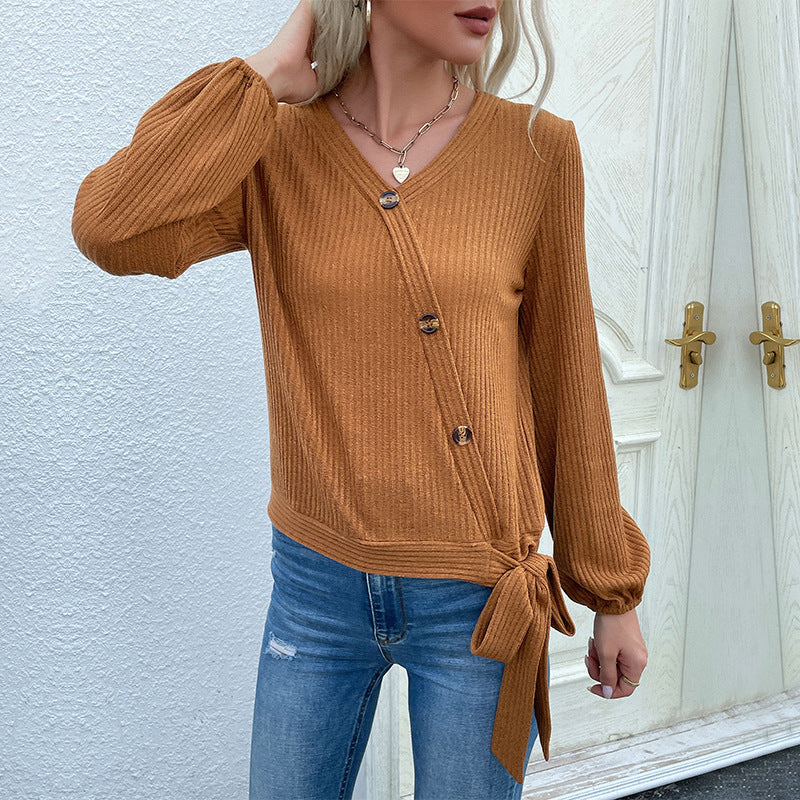 Damen Gerippte Wickel-Strickjacke mit V-Ausschnitt und seitlichem Knotendetail Drune