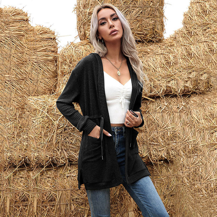 Damen Longline Feinstrickcardigan mit Tunnelzug, Rippstruktur und Eingrifftaschen Drune