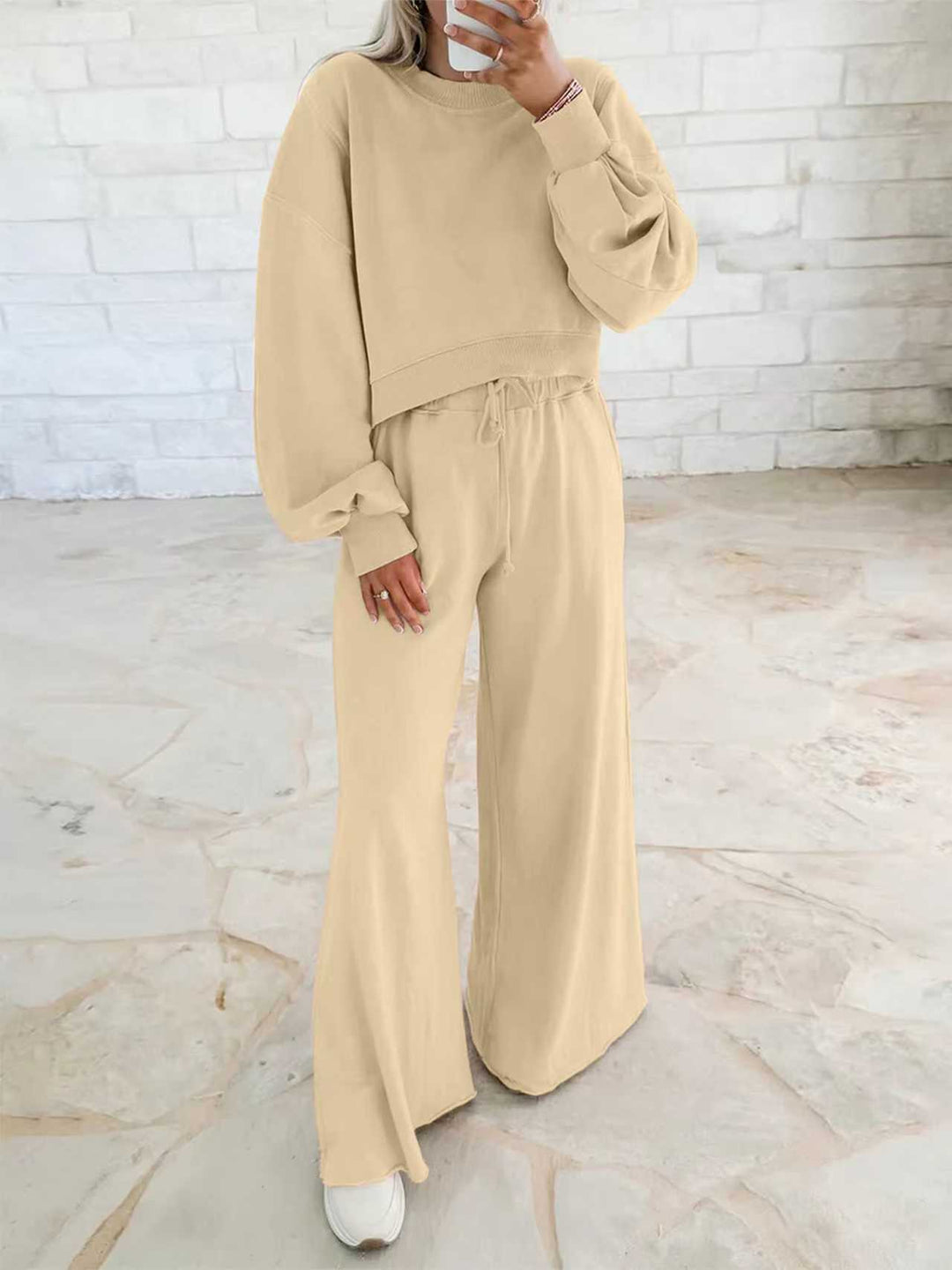 Damen Kurzpullover- und Palazzohose Lounge-Set mit Ballonärmeln Drune