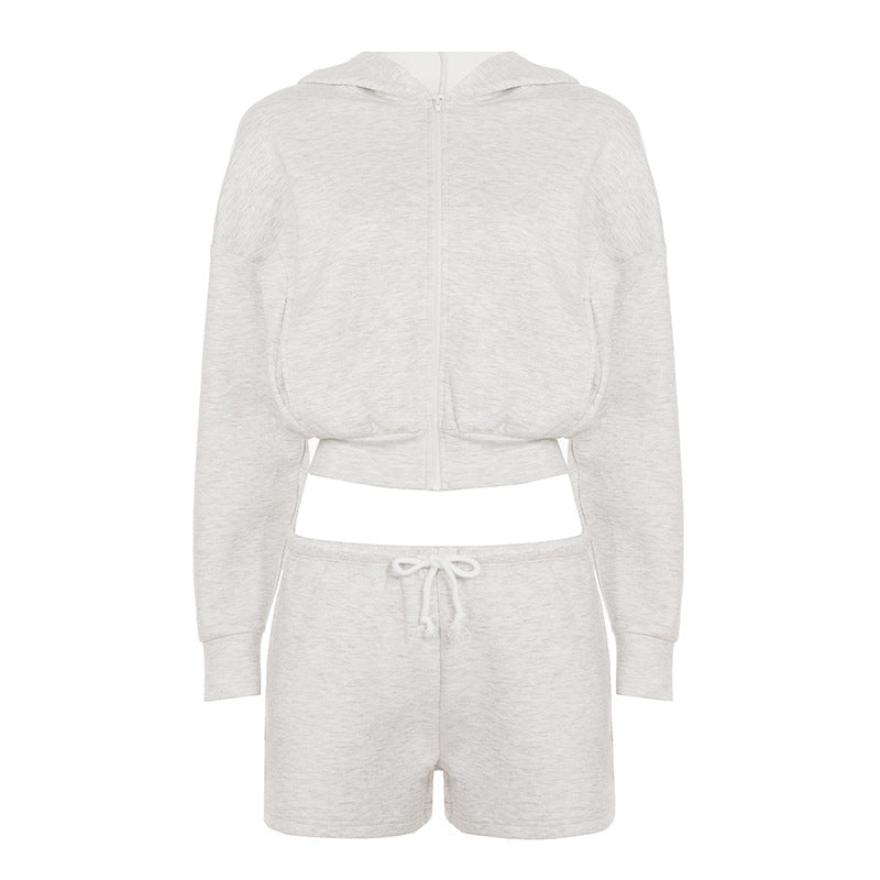 Damen nan kurzes Kapuzen-Hoodie und Drawstring-Shorts Lounge-Set mit durchgehendem Reißverschluss und taillenhohem Bindebund Drune