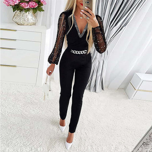 Drune | Jumpsuit Slim Passform V-Ausschnitt mit Diamantdetails Schnittärmel Kettengürtel