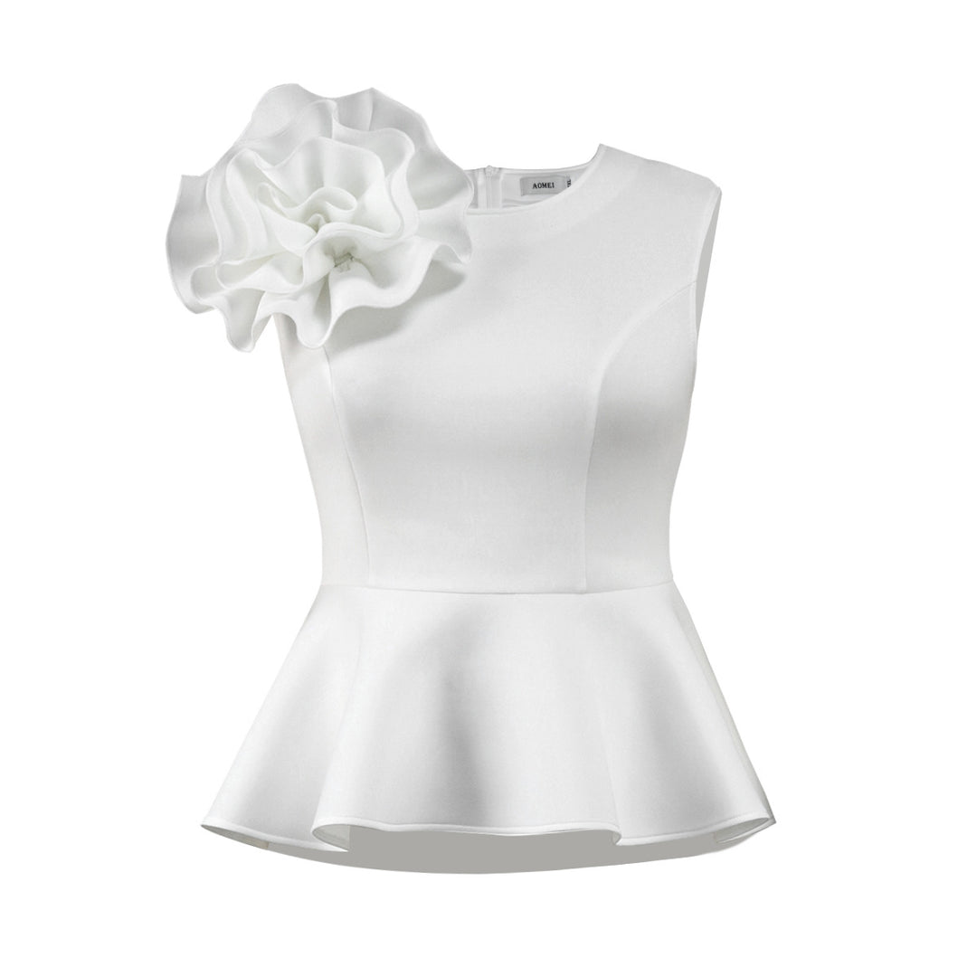 Damen elegantes Oberteil mit femininem Rüschensaum und auffälligem Blumenapplikation Drune