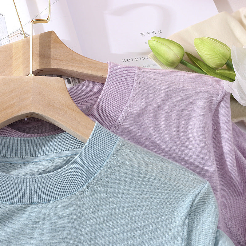 Damen Leichtes Kurzarm-Stricktop aus feinem Jersey mit Rundhals und Saumblende Drune