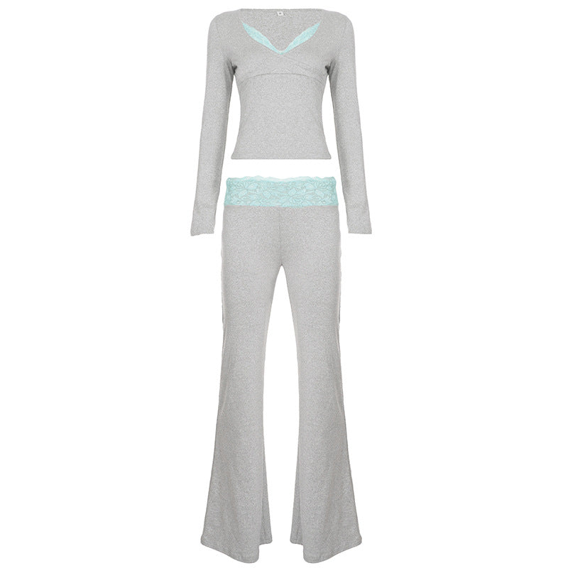 Damen nan Lounge-Set mit Spitzenbund, V-Ausschnitt und ausgestellter Schlaghose Drune