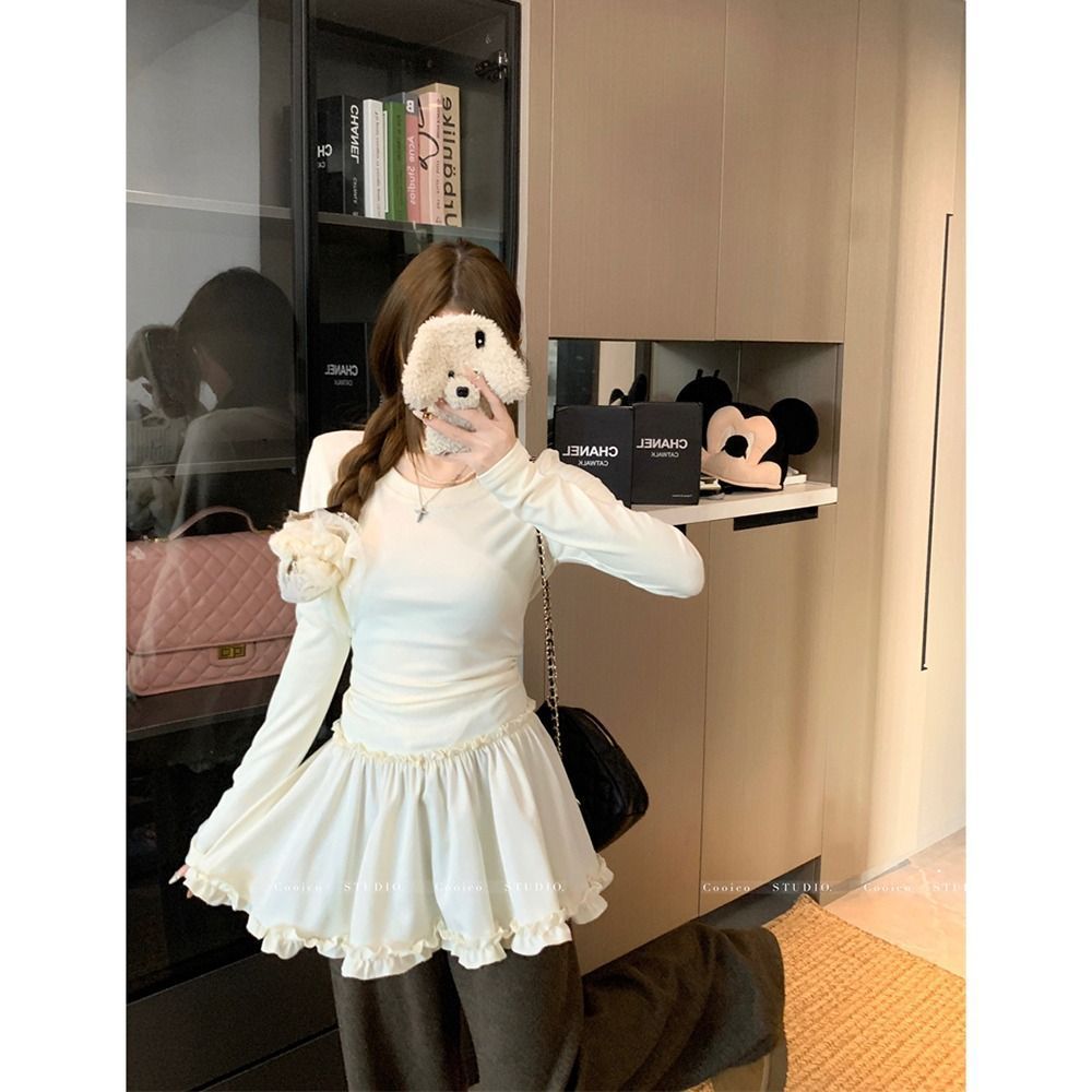 Damen elegantes Langarmshirt mit voluminösem Rüschensaum Drune