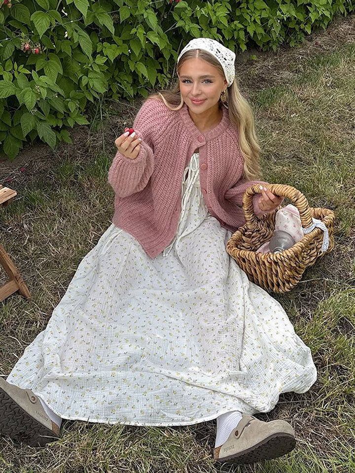 Damen Grobgestrickte Mohair-Optik Kurzjacke mit Raglanärmeln & Zierknopfleiste Drune