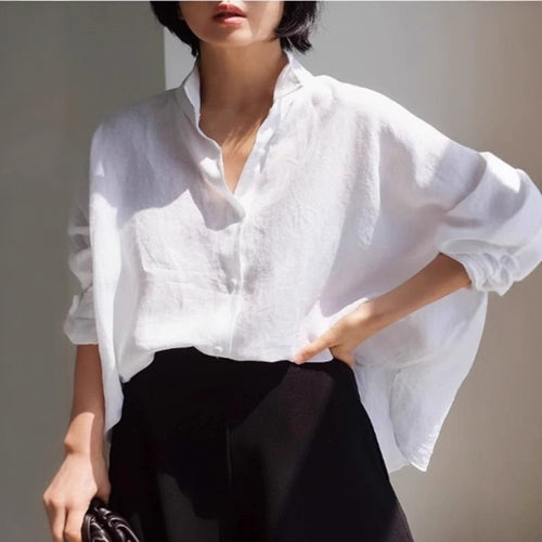 Damen Oversize-Leinenbluse mit geraffter Rückenpasse und krempelbaren Ärmeln Drune