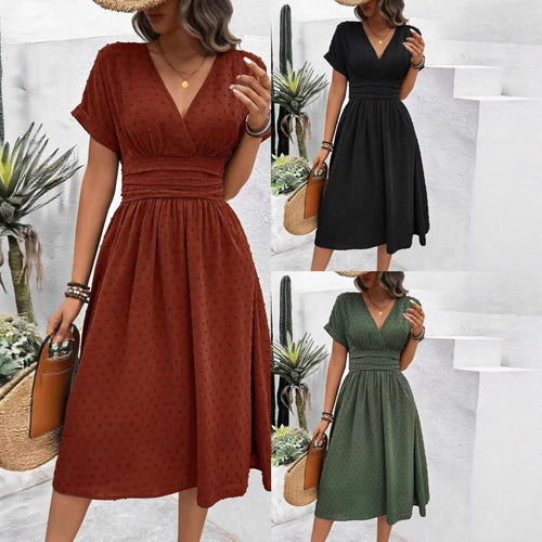Damen midi Kleid mit gerafftem Oberteil und V-Ausschnitt Drune