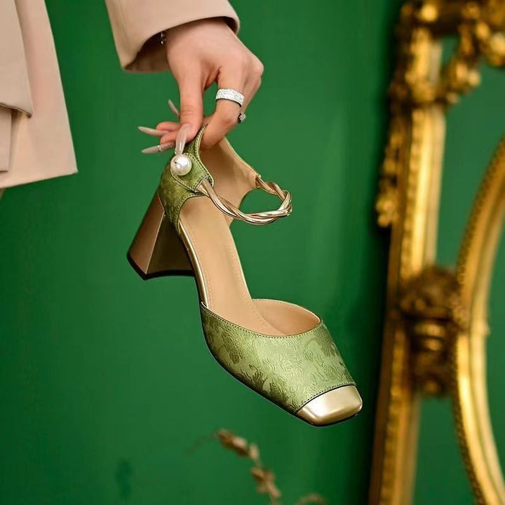 Damen nan elegante Slingback-Pumps mit quadratischer Zehenform, Jacquard-Obermaterial und gedrehtem Schmuckriemen Drune