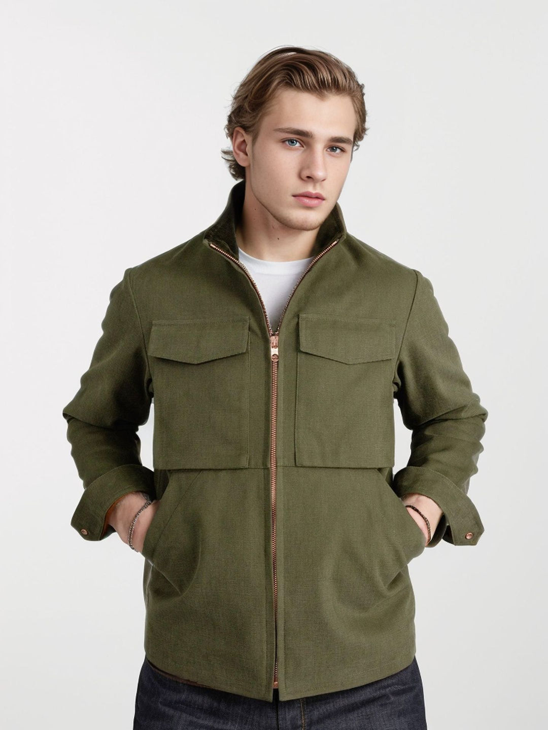 Herren Kurze Denim-Fieldjacke mit Stehkragen, Reißverschluss und aufgesetzten Brusttaschen Drune