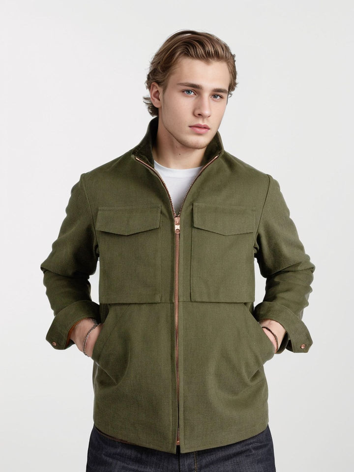 Herren Kurze Denim-Fieldjacke mit Stehkragen, Reißverschluss und aufgesetzten Brusttaschen Drune