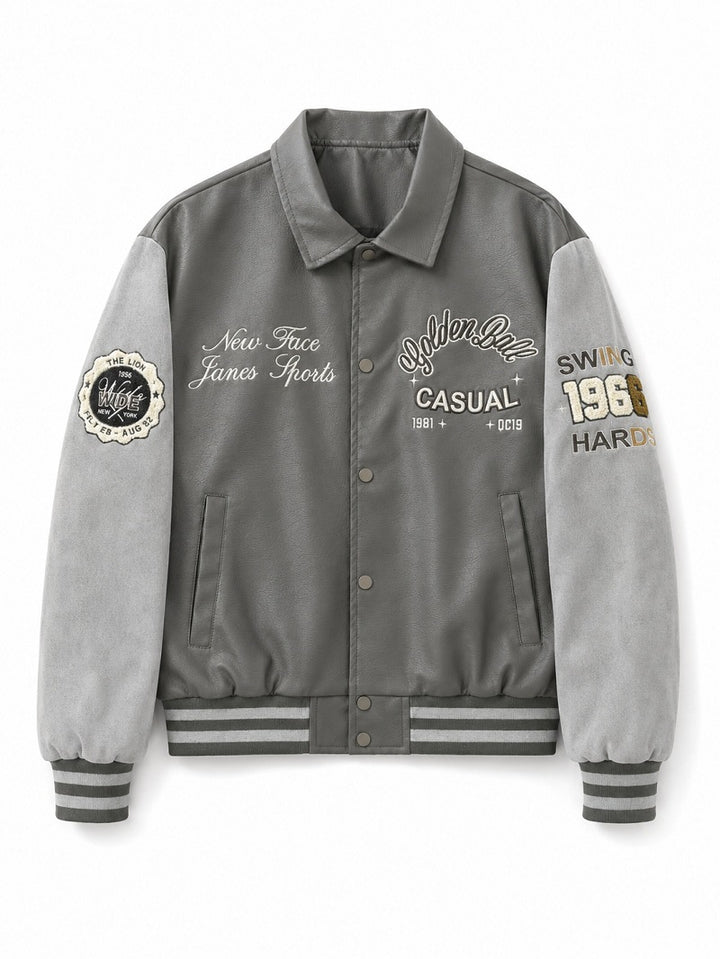Herren Varsity-Bomberjacke im College-Stil mit Kunstleder-Körper, Veloursleder-Optikärmeln und bestickten Patches Drune