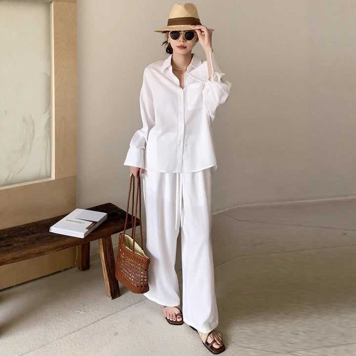 Damen Zweiteiliges Leichtes Loungewear-Set mit Oversize-Hemd und weiter Kordelbund-Hose Drune