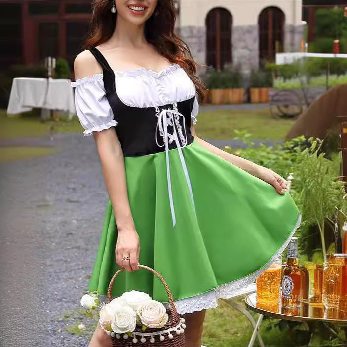 Damen nan schulterfreies Dirndlkleid mit geschnürter Korsage, Puffärmeln und Spitzenunterrock Drune