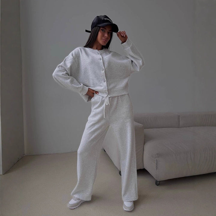 Damen geknöpftes Cropped-Lounge-Set mit Oversize-Cardigan und hochtaillierter Wide-Leg Jogginghose Drune