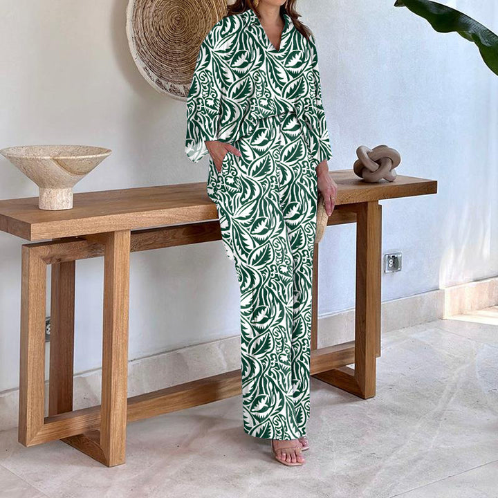 Damen Gemustertes Kimono-Lounge-Set mit weitem Palazzohose aus leichtem Viskose-Mix Drune