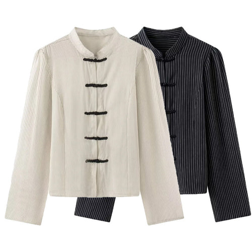 Damen nan taillierte chinesisch inspirierte Jacke mit Stehkragen und Zierknotenverschlüssen Drune