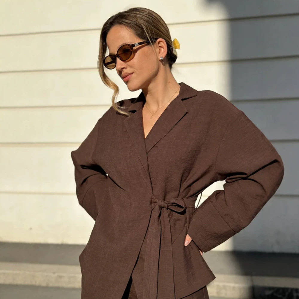 Damen Wickel-Blazer mit Bindegürtel, lässigem Oversize‑Schnitt und Reverskragen Drune