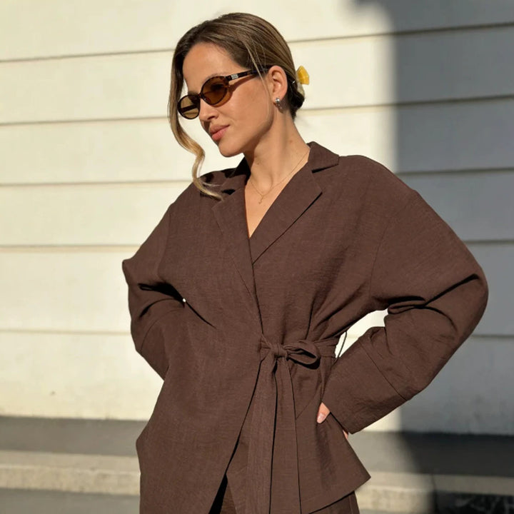 Damen Wickel-Blazer mit Bindegürtel, lässigem Oversize‑Schnitt und Reverskragen Drune