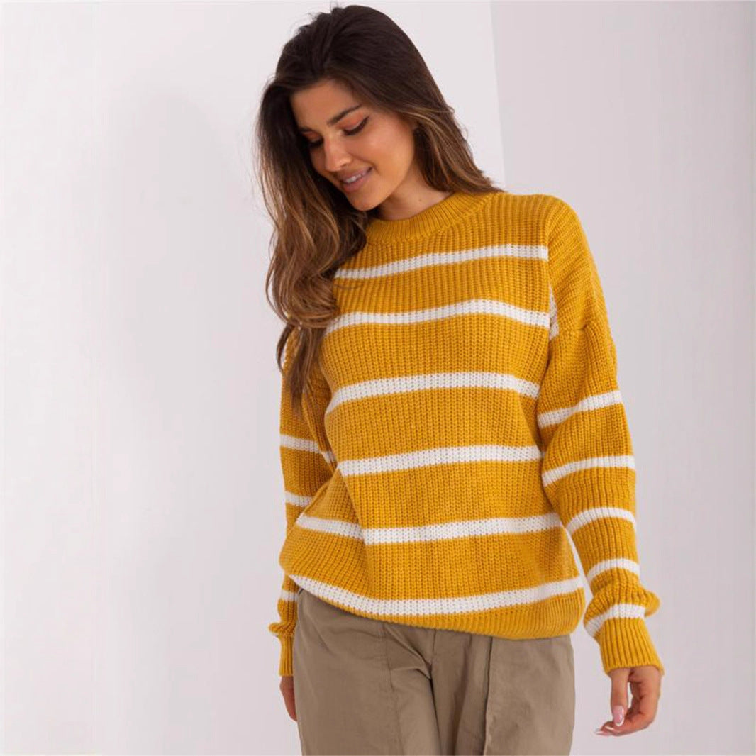 Damen Grobstrickpullover mit lässigem Streifenmuster und rundem Halsausschnitt Drune