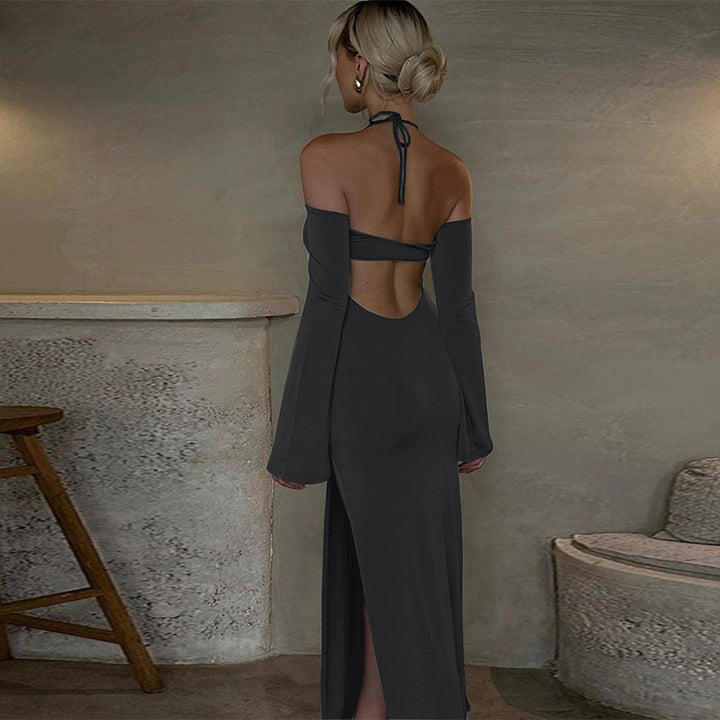 Damen langes Abendkleid mit Neckholder und schulterfreiem Bell-Ärmel, figurbetonter Taillenraffung und hohem seitlichem Beinschlitz Drune