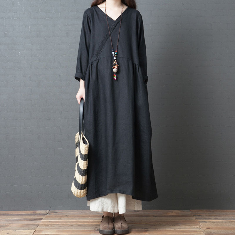 Damen lässiges Maxikleid mit V-Ausschnitt und lockerer Silhouette Drune