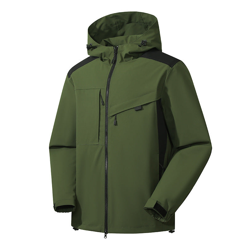 Herren technische Softshelljacke mit Kapuze, diagonalem Brustfach und Multifach-Reißverschlusstaschen Drune