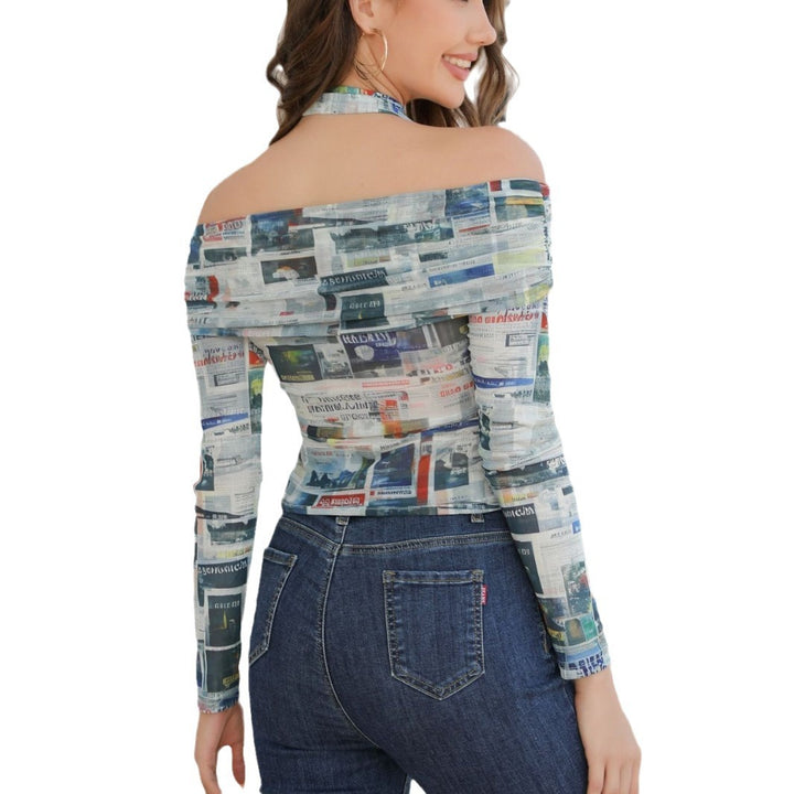 Damen Schulterfreies Mesh-Top mit Zeitungsprint, Halterkragen und figurbetonter Passform Drune
