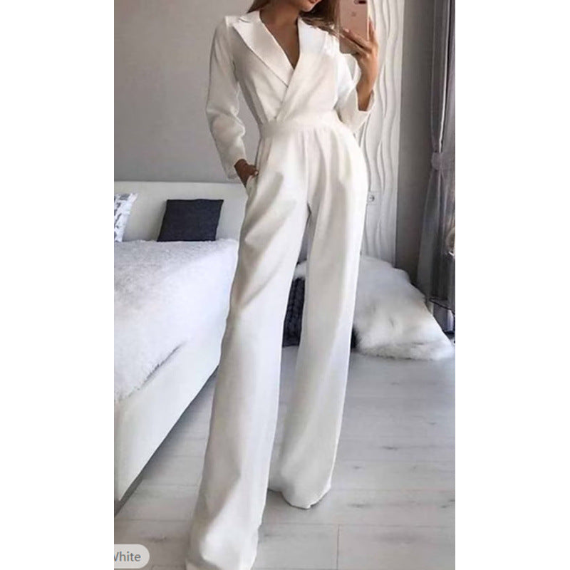 Damen eleganter Jumpsuit mit langem Bein und klassischem Schauspielkragen Drune