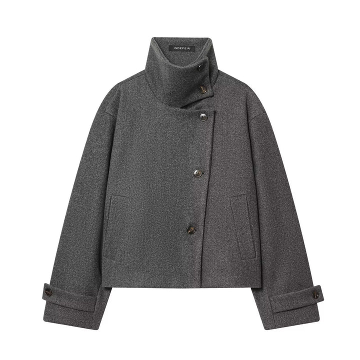 Damen Kurze Boxy-Wollmix-Jacke mit Stehkragen und aufgesetzten Pattentaschen Drune