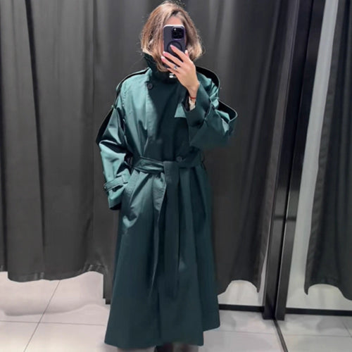 Damen Langer wasserabweisender Trenchcoat mit Taillengürtel und hohem Stehkragen Drune