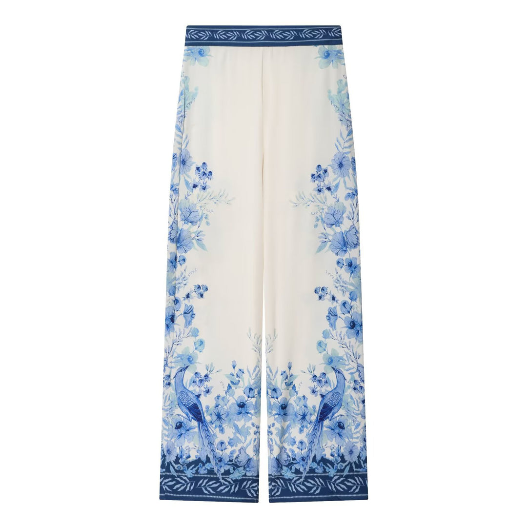 Damen Weite Palazzo‑Hose mit elastischem Bund und floraler Bordürenoptik Drune