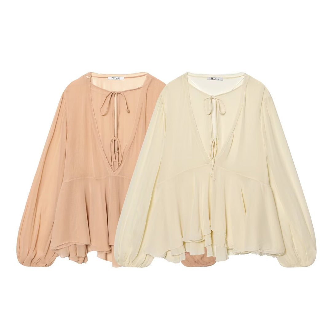 Damen Luftige Chiffon-Bluse mit tiefem V‑Ausschnitt, Bindebändern, Volantstufen und Ballonärmeln Drune