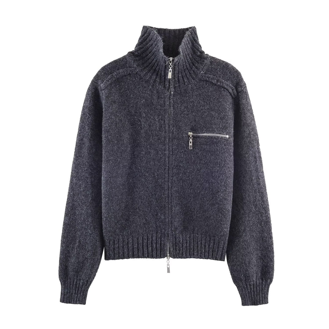 Damen Grobgestrickte Reißverschluss‑Strickjacke mit hohem Rippkragen und Brusttasche Drune