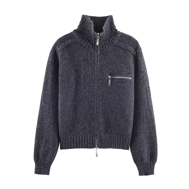 Damen Grobgestrickte Reißverschluss‑Strickjacke mit hohem Rippkragen und Brusttasche Drune