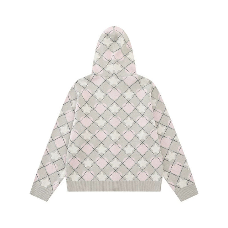 Damen Strick-Kapuzenjacke mit Rautenjacquard und Knopfleiste Drune