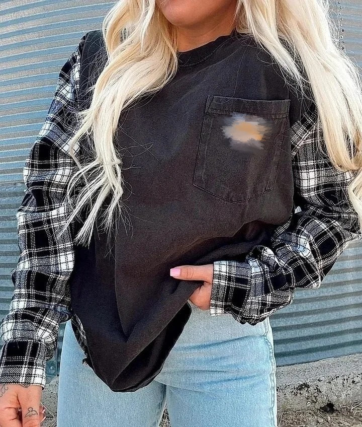 Damen nan Oversize-Sweatshirt im Materialmix mit Karoärmeln und aufgesetzter Brusttasche Drune