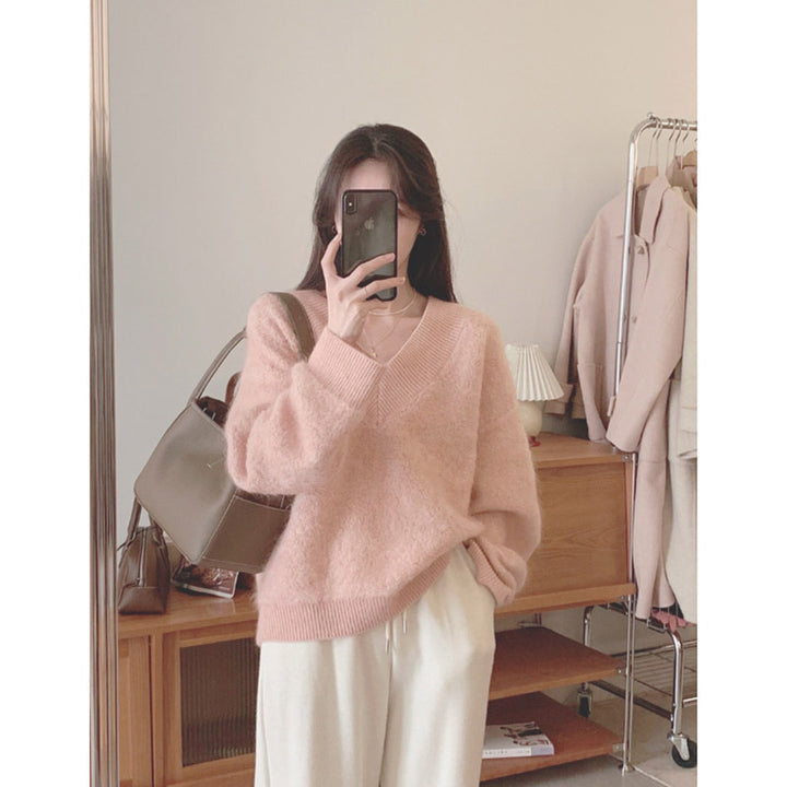 Damen Flauschiger V-Ausschnitt Pullover aus Mohair Drune