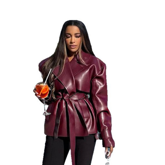 Damen Taillierter Lederimitat-Blouson mit Bindegürtel und voluminöser Schulterpartie Drune