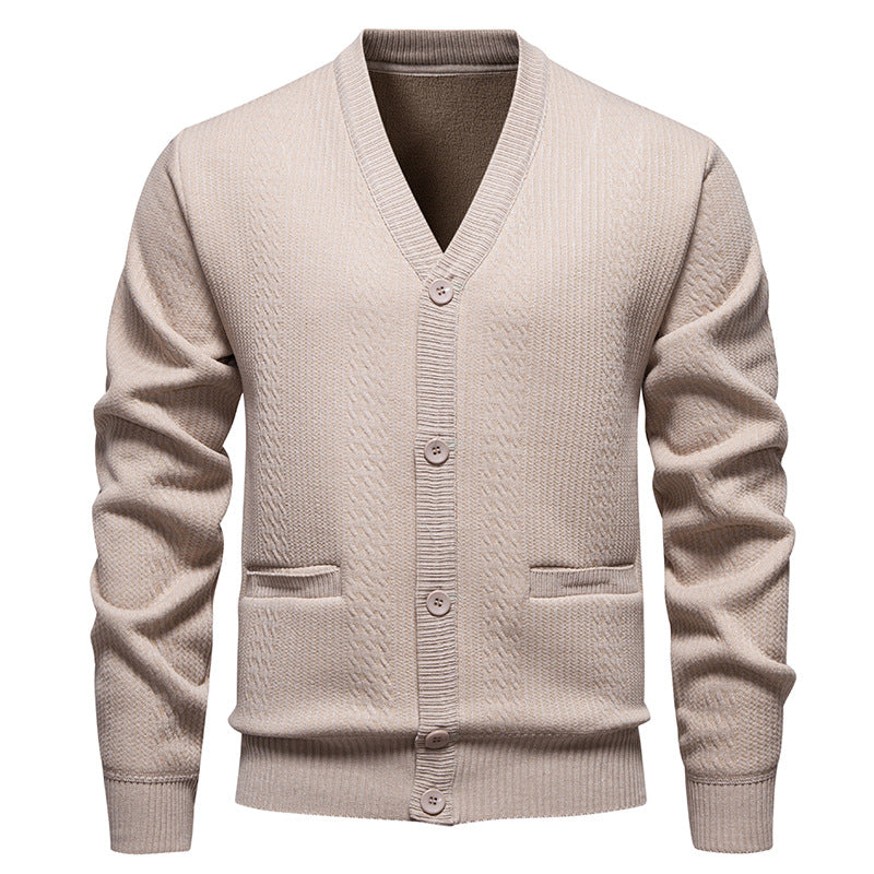 Herren Texturierter V-Ausschnitt Strickcardigan mit Knopfleiste und Eingrifftaschen Drune